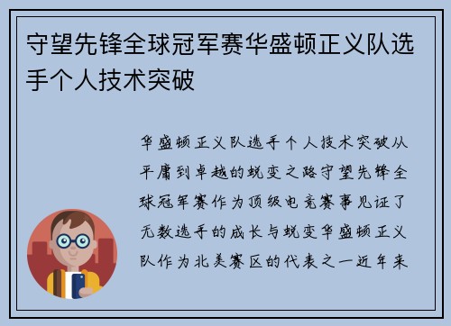 守望先锋全球冠军赛华盛顿正义队选手个人技术突破